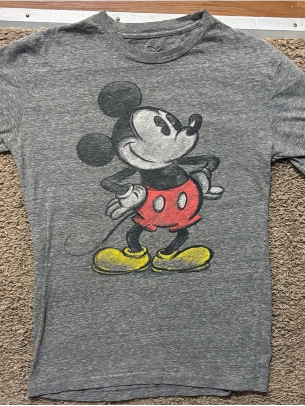 Disney Woman’s Sm Gray Short-Sleeve Mickey Mouse Tee with Red & Yellow Accents